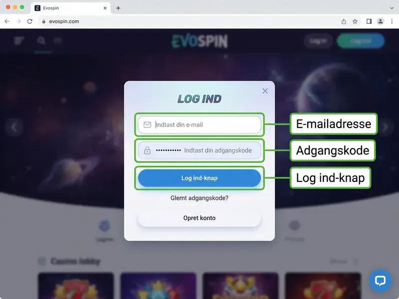 evospin casino login med e-mailadresse og adgangskode